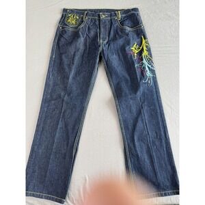 Miskeen Jeans Mens 40 Blue Embroidered Straight Yellow Red Stitch Peru Denim‎